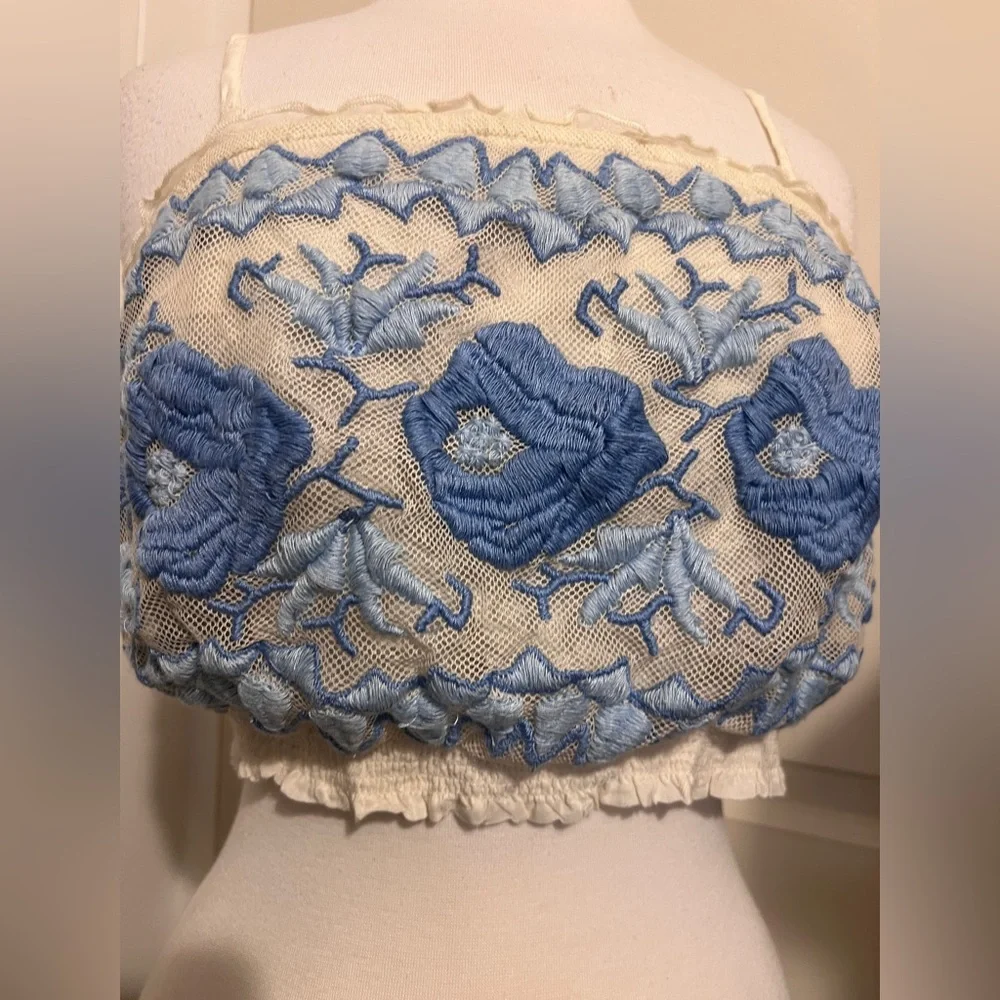 Free People Rosebud Embroidered Tank Top Blue White Coquette Fairy Festival Boho